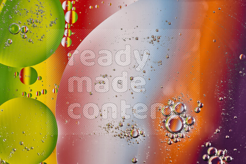 Close-ups of abstract oil bubbles on water surface in multicolors
