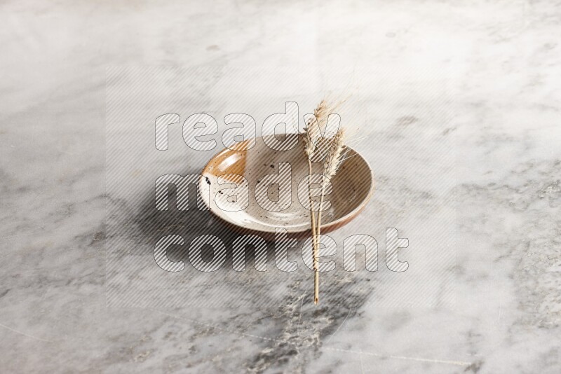 Wheat stalks on multicolored pottery plate on grey marble background