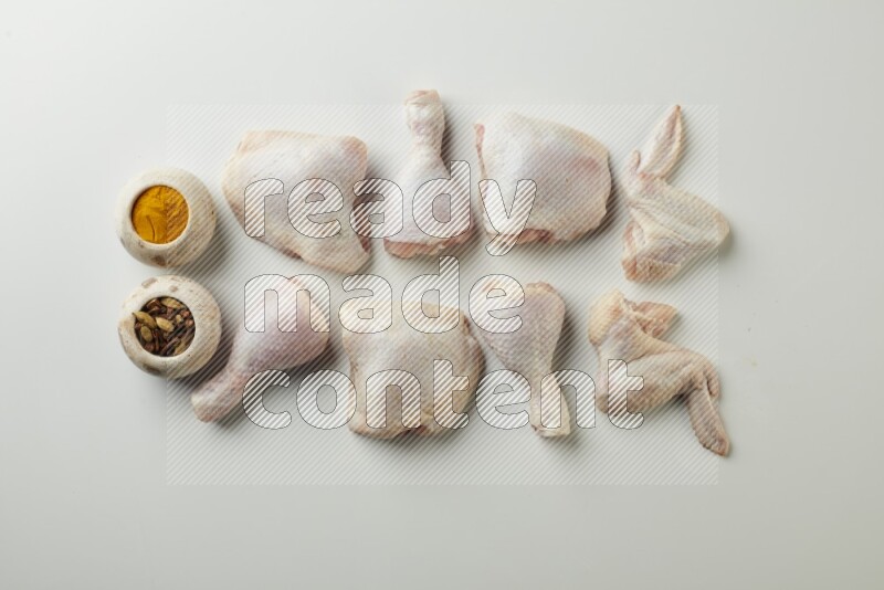 Mixed fresh chicken pieces direct on a white background