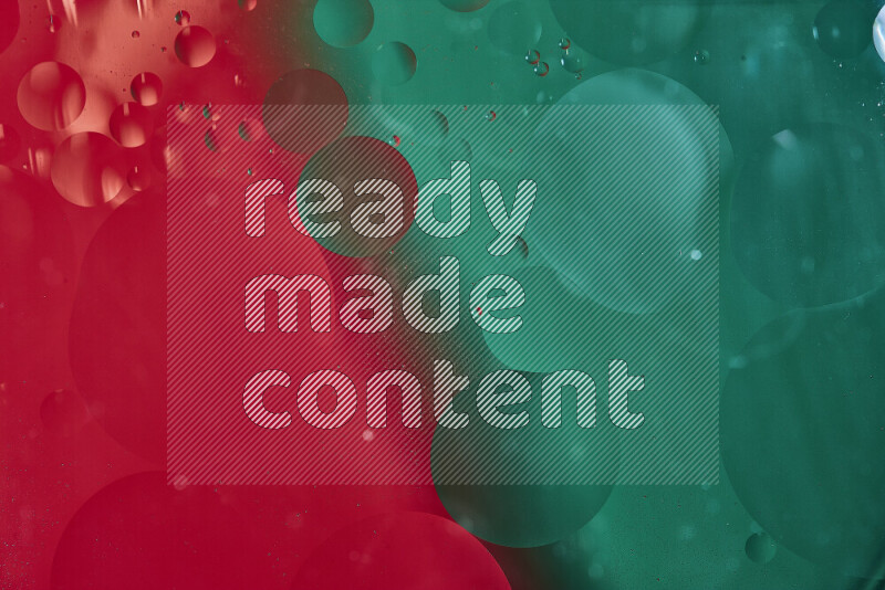 Close-ups of abstract oil bubbles on water surface in shades of green and red