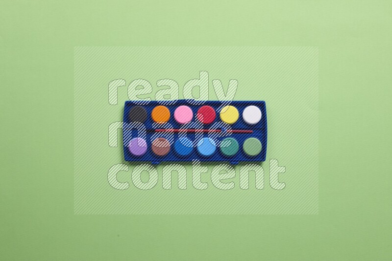 Watercolor paint set on green background