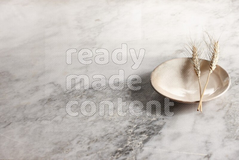 Wheat stalks on Beige Pottery Plate on grey marble flooring, 45 degree angel