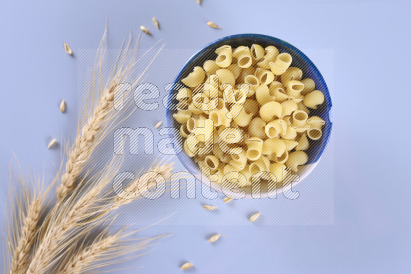 Raw pasta with wheat stalks on light blue background