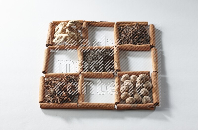 9 squares of cinnamon sticks full of tea in the middle surrounded by nutmeg, dried mint, cloves, dried basil, dried ginger, cinnamon, star anise and cardamom on white flooring