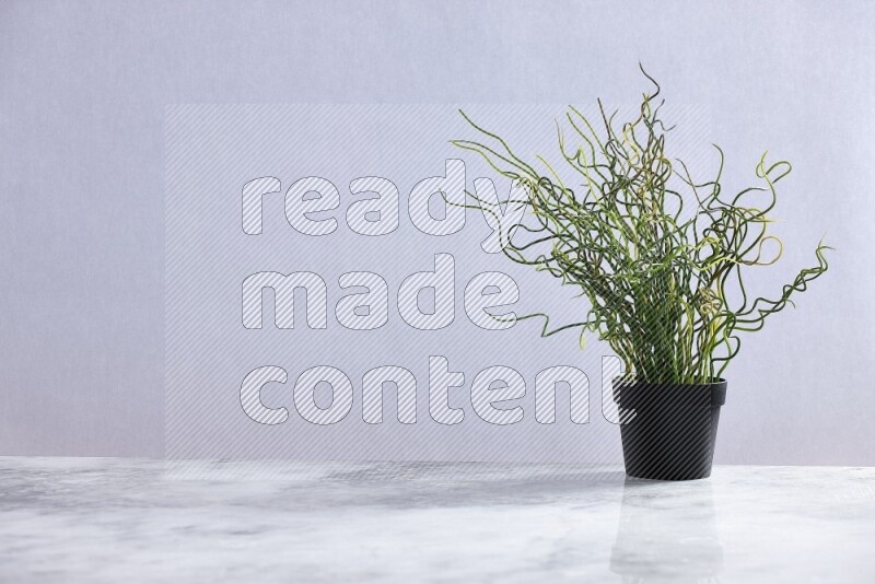 Green artificial plant in black pot on grey marble background