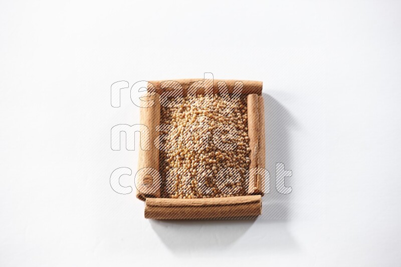 A single square of cinnamon sticks full of mustard seeds on white flooring