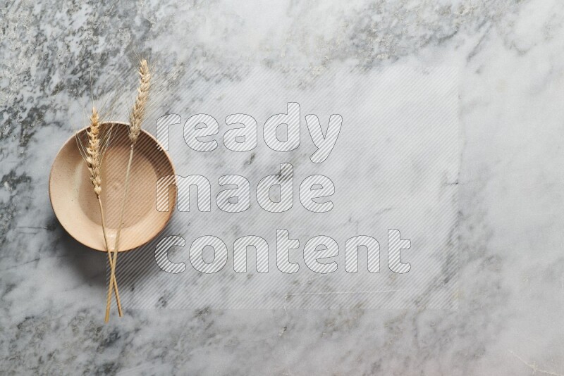 Wheat stalks on beige pottery plate on grey marble background