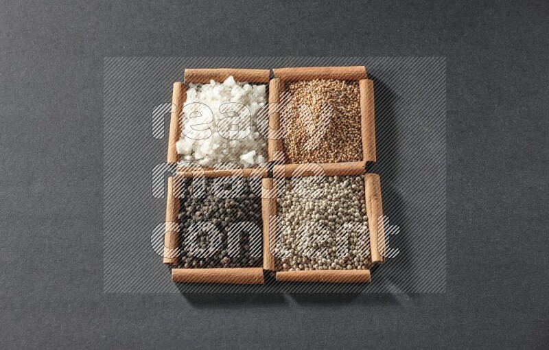 4 squares of cinnamon sticks full of black pepper, white pepper, white salt and mustard seeds on black flooring