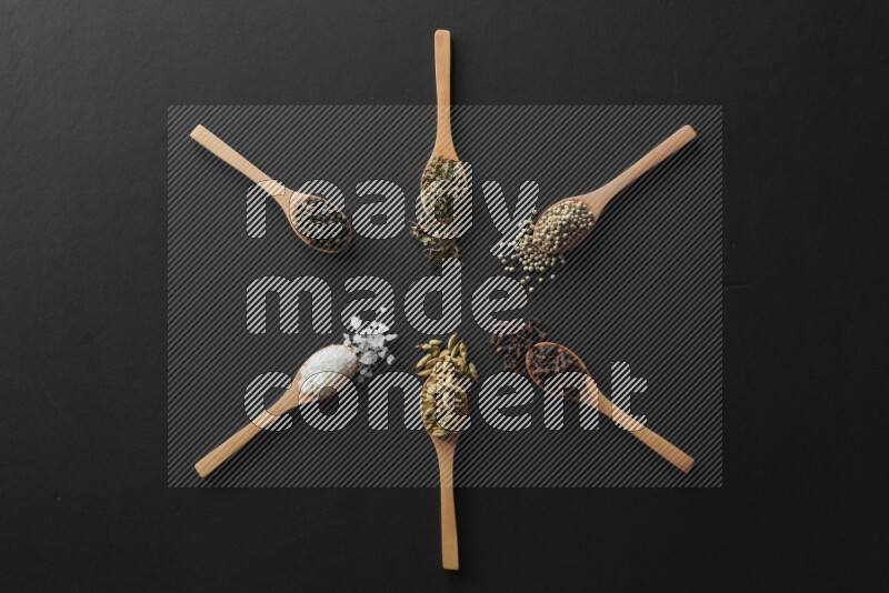 wooden spoons filled with white peppers, cloves, cardamom, salt, black peppers and basil on black flooring and shaped like a clock