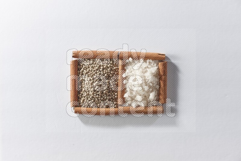 2 squares of cinnamon sticks full of white pepper and white salt on white flooring