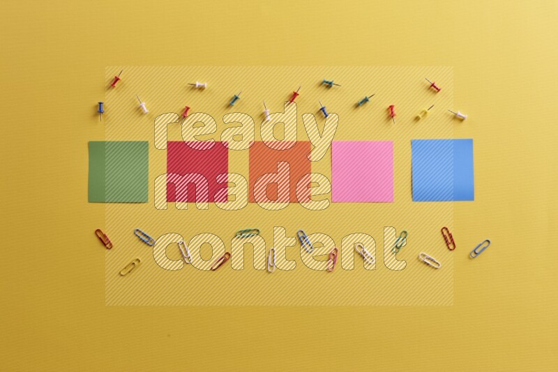 Multicolored sticky notes with school supplies on yellow background