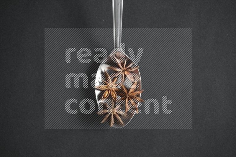 Star Anise in a metal spoon on black flooring