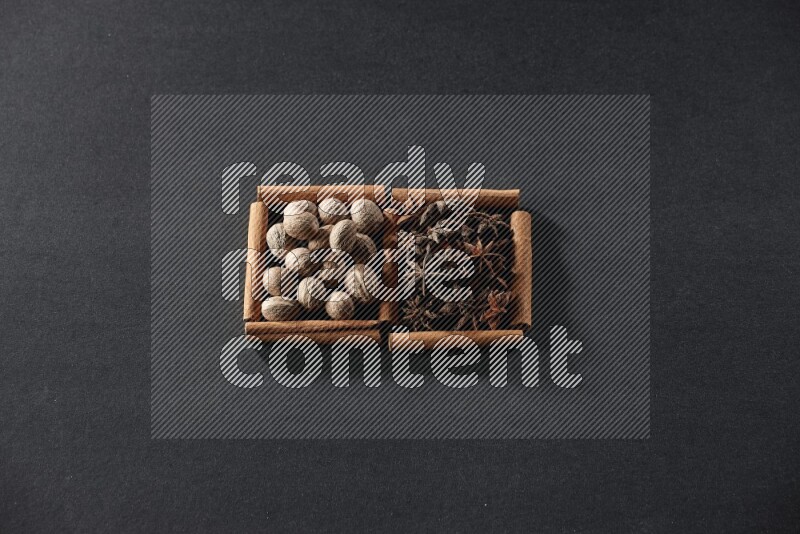 مربعان من أعواد القرفة ممتلئان بجوزة الطيب واليانسون النجمي علي خلفية سوداء