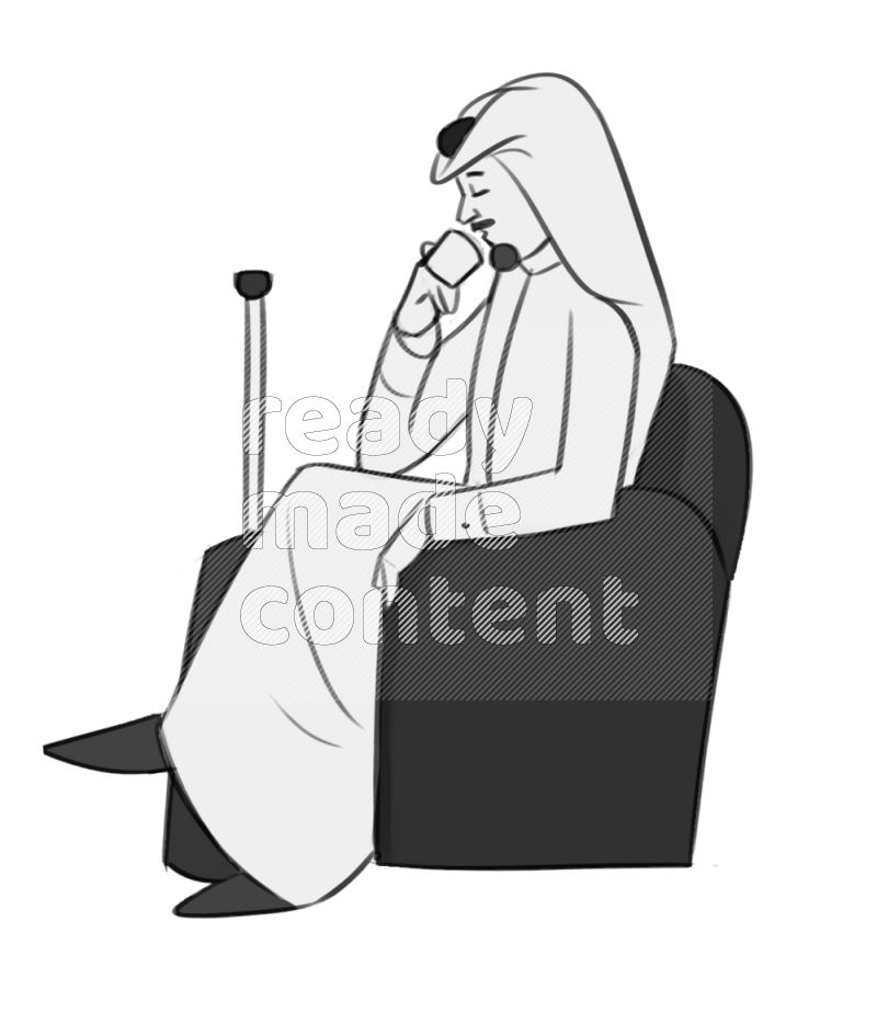 Saudi man drinking setting on an armchair by cabin suitcase different angles eye level