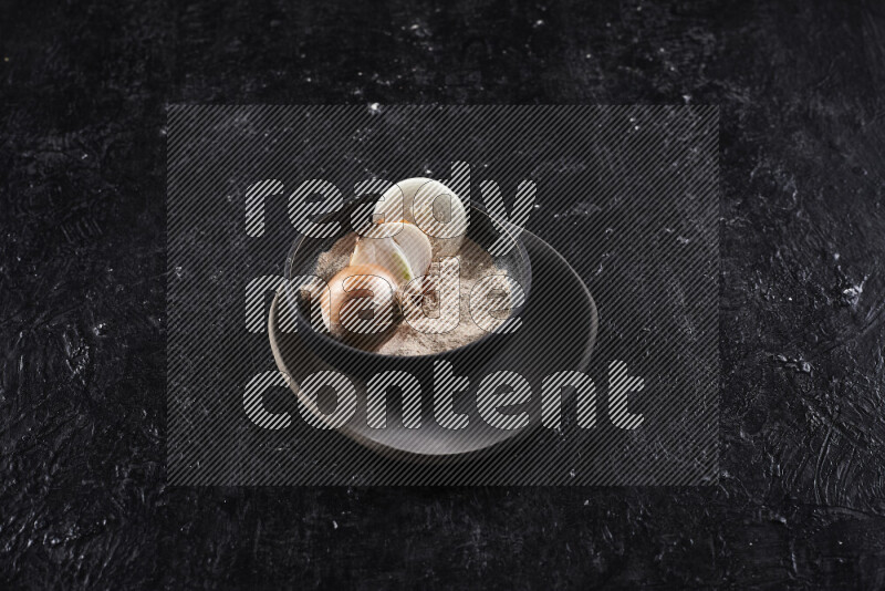 A black pottery bowl full of onion powder and some onion all on a pottery plate on black background