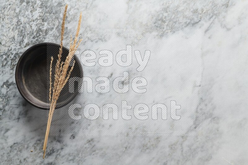 Wheat stalks on black pottery oven plate on grey marble background