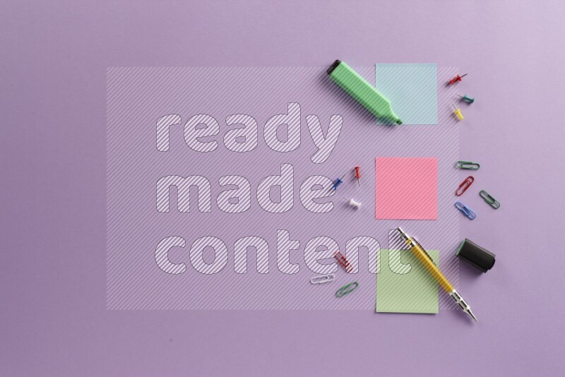 Multicolored sticky notes with school supplies on purple background