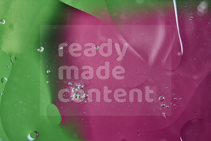 Close-ups of abstract oil bubbles on water surface in shades of green and pink