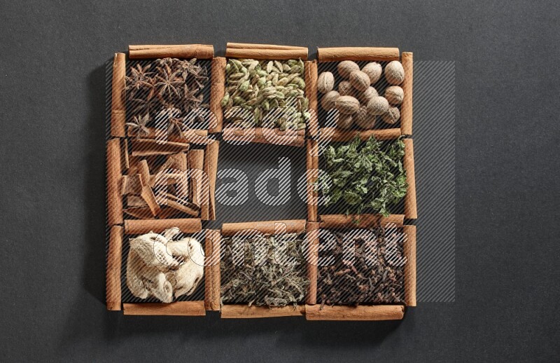 9 squares of cinnamon sticks, the middle square is empty and surrounded with dried mint, dried ginger, cardamom, star anise, cinnamon, nutmeg, dried basil and cloves on black flooring