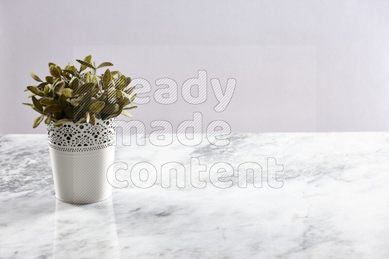 Green artificial plant in white decorative pot on grey marble background