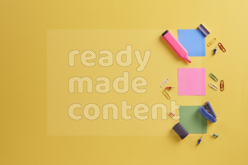 Multicolored sticky notes with school supplies on yellow background