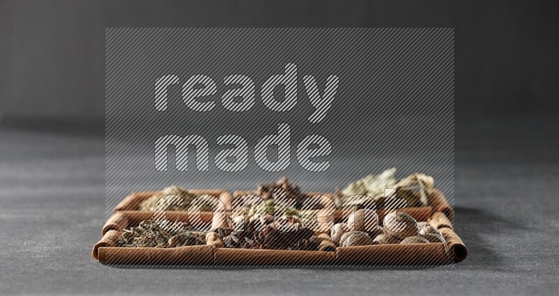 9 squares of cinnamon sticks full of cardamom in the middle surrounded by nutmeg, cinnamon, bay laurel leaves, cloves, cumin, dried ginger, dried basil and star anise on black flooring