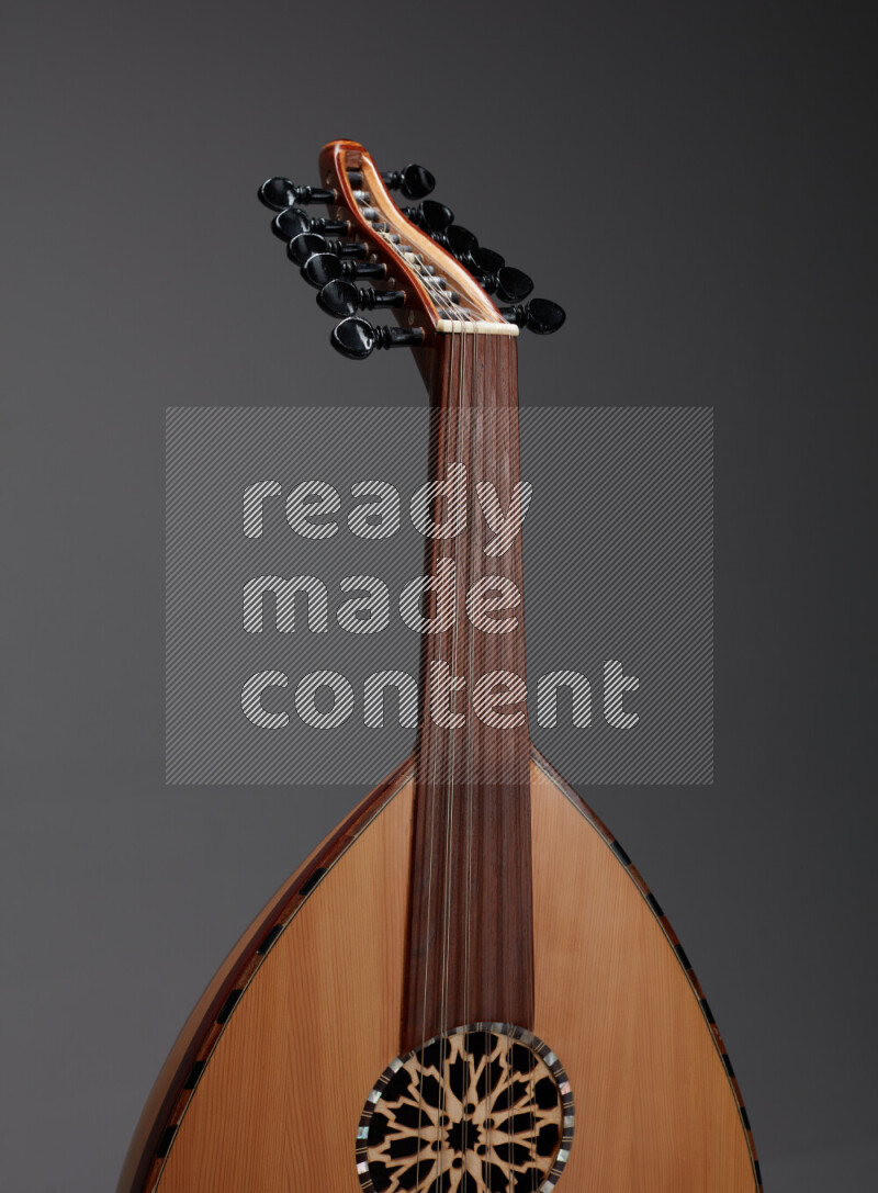 parts of a brown wooden Oud in a gray background