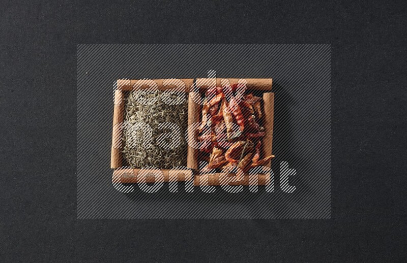 2 squares of cinnamon sticks full of chilis and cumin on black flooring