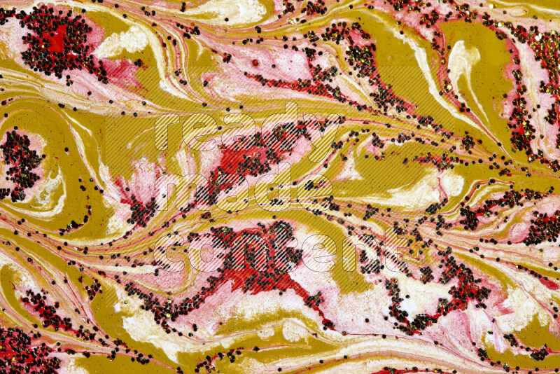 Abstract colorful background with mixed of red, white and gold paint colors with scattered gold glitter