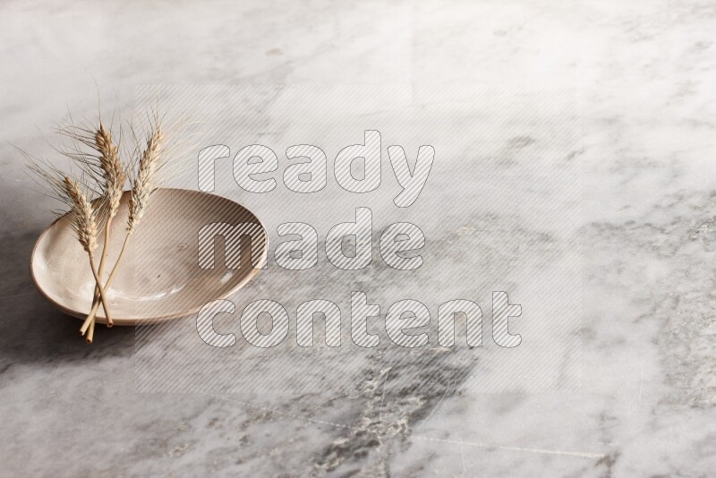 Wheat stalks on Beige Pottery Plate on grey marble flooring, 45 degree angel