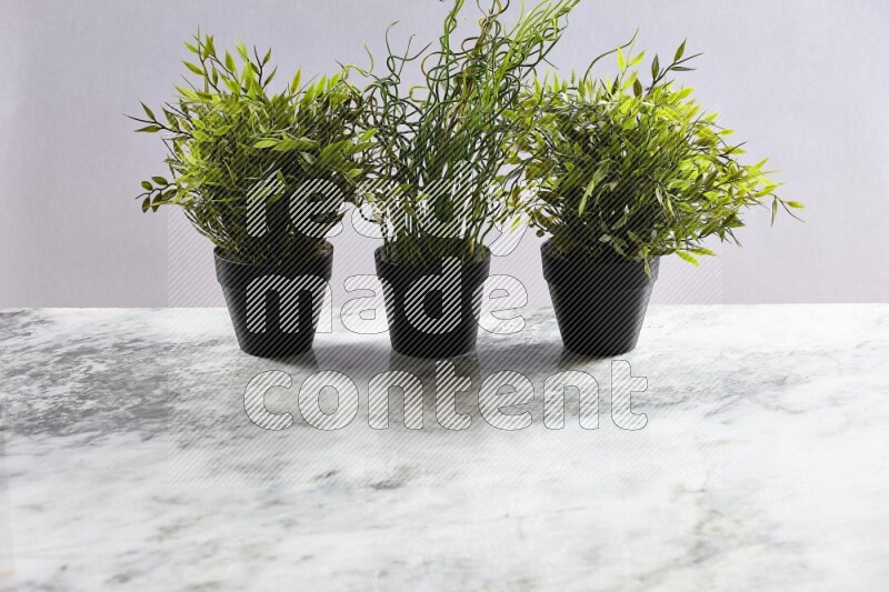 Multiple artificial plants in black pot on grey marble background
