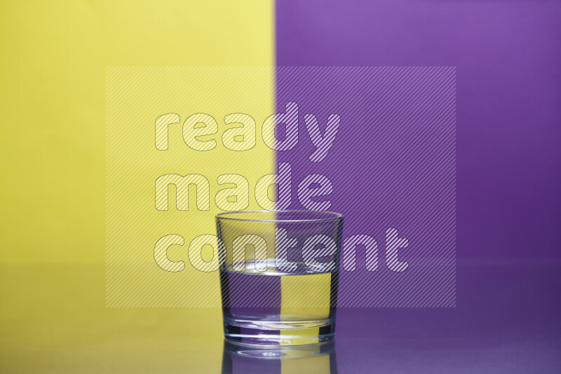 The image features a clear glassware filled with water, set against yellow and purple background
