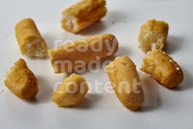 Assorted snacks on white background