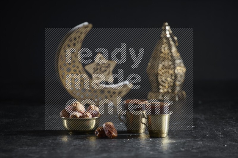 Dates with hot drinks and golden lanterns in a dark setup