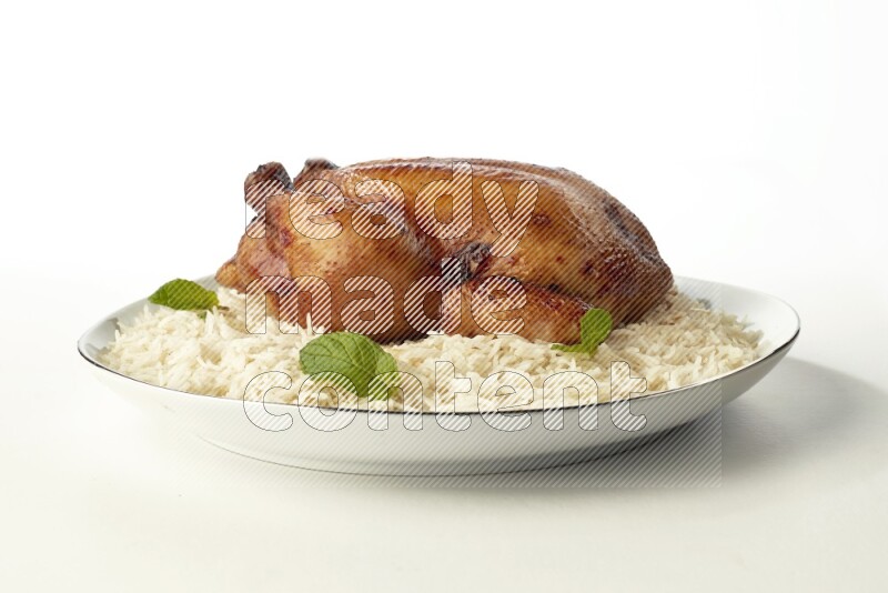 white  basmati Rice with  whole roasted chicken  on a white plate with a silver rim direct  on white background