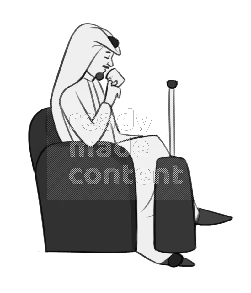 Saudi man drinking setting on an armchair by cabin suitcase different angles eye level