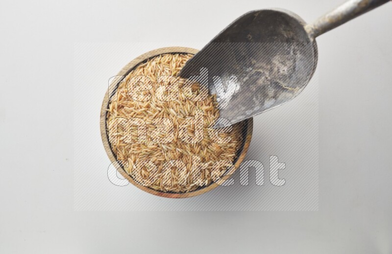 Top-view shot of long grain brown rice in a container on white background