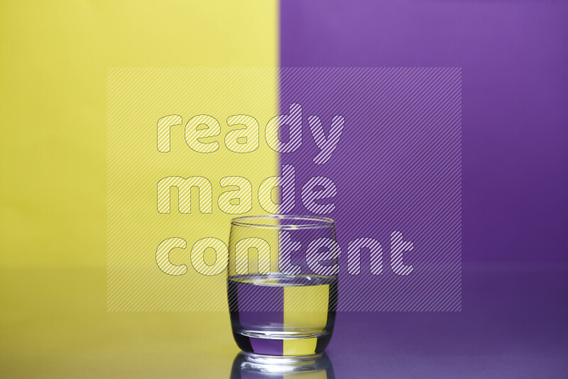 The image features a clear glassware filled with water, set against yellow and purple background