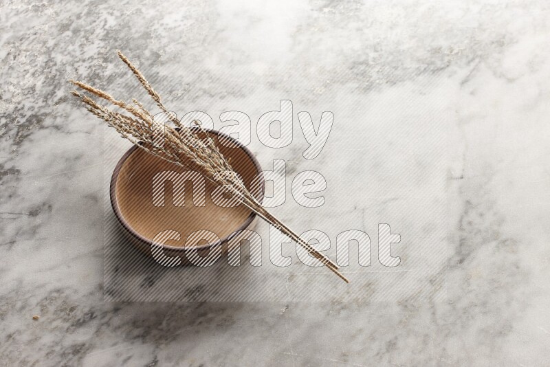 Wheat stalks on beige pottery oven bowl on grey marble background