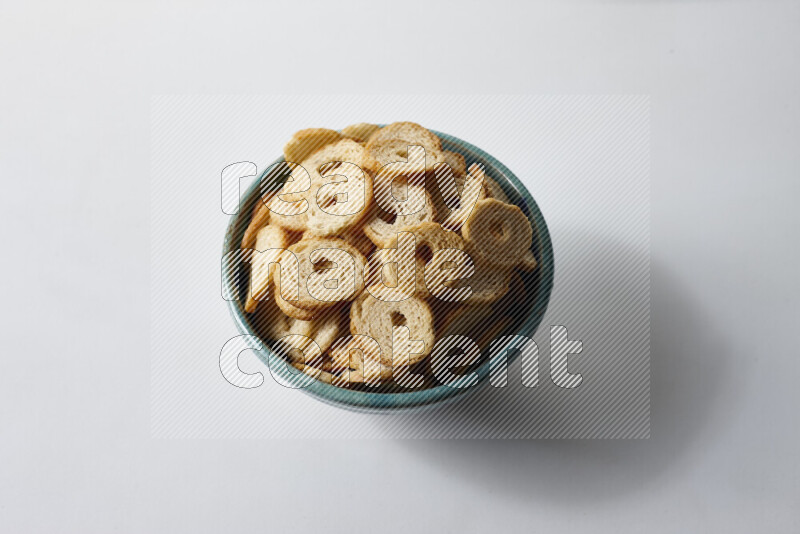 Assorted snacks on white background