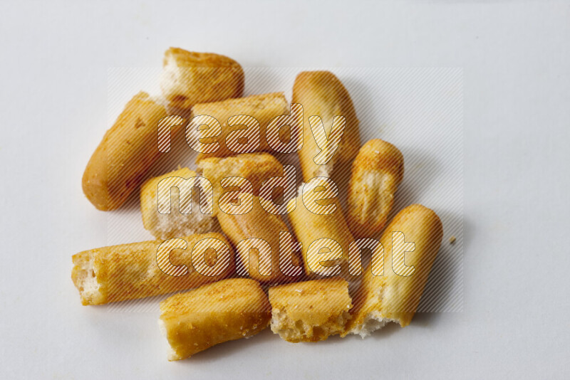 Assorted snacks on white background