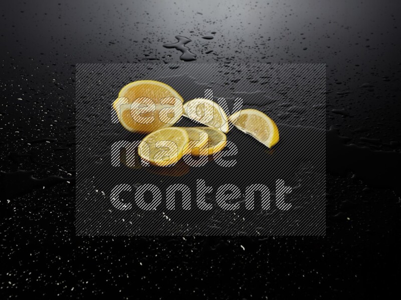 Lemon slices with water drops, and droplets on black background