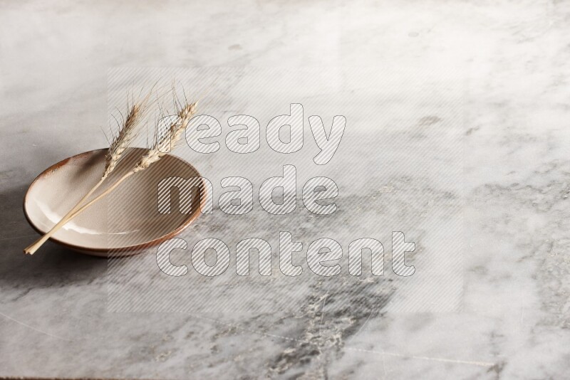 Wheat stalks on multicolored pottery plate on grey marble background