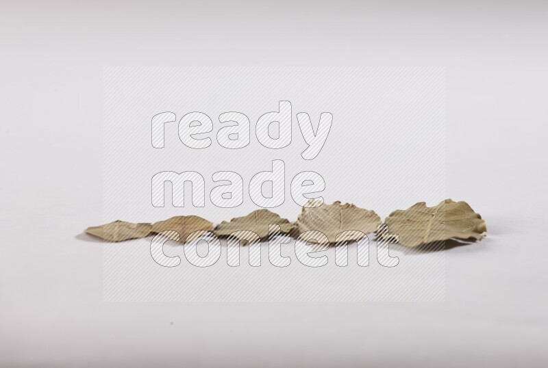 Dried bay leaves on white flooring in different angles