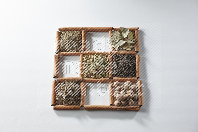 9 squares of cinnamon sticks full of cardamom in the middle surrounded by nutmeg, salt, dried basil, white pepper, cumin, allspice, bay laurel leaves and black pepper on white flooring