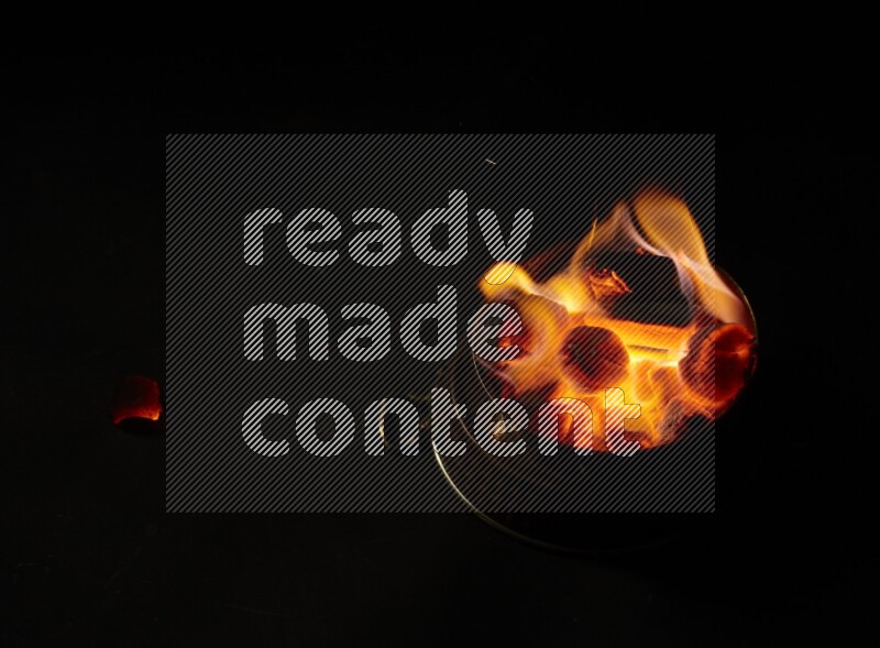 Coal cubes on fire in metal pan