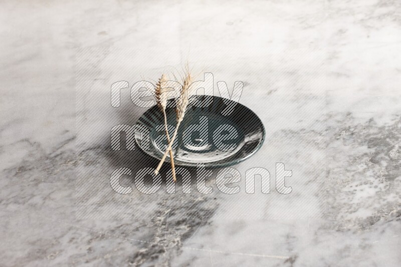 Wheat stalks on multicolored pottery plate on grey marble background