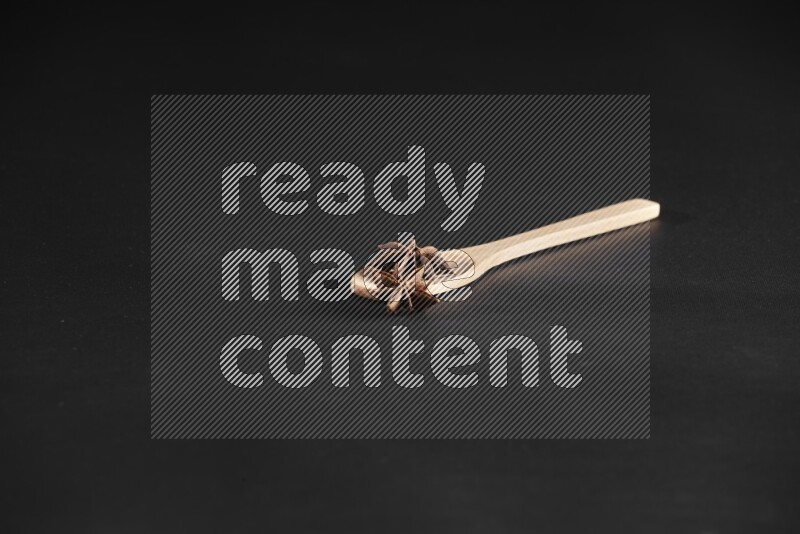 اليانسون النجمي في ملعقة خشبية فوق اليانسون النجمي الذي يغطي الإطار على أرضية سوداء