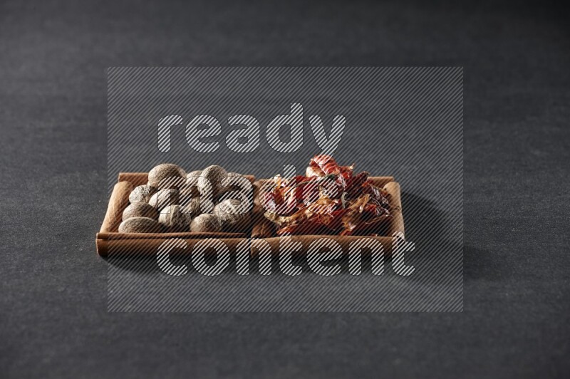 مربعان من أعواد القرفة ممتلئان بجوزة الطيب والفلفل الحار المجفف علي خلفية سوداء