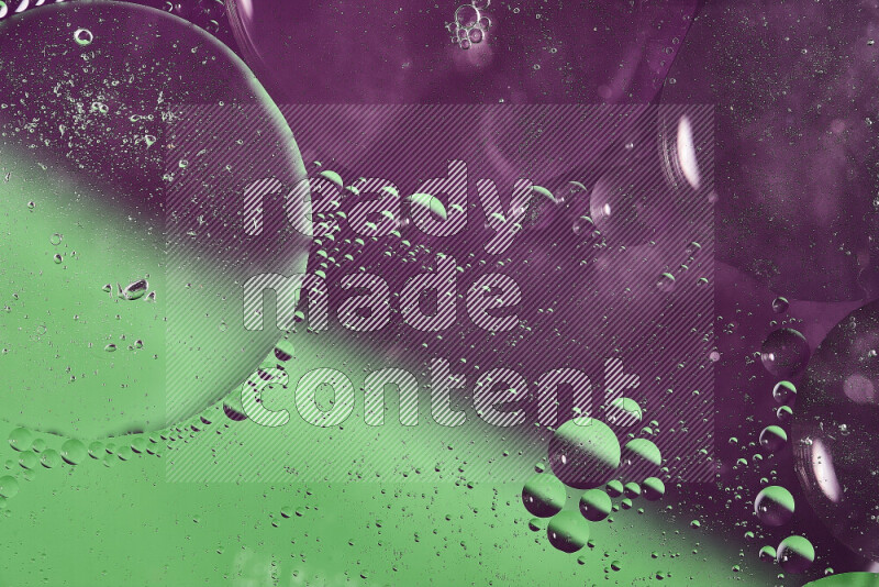 Close-ups of abstract oil bubbles on water surface in shades of green and purple